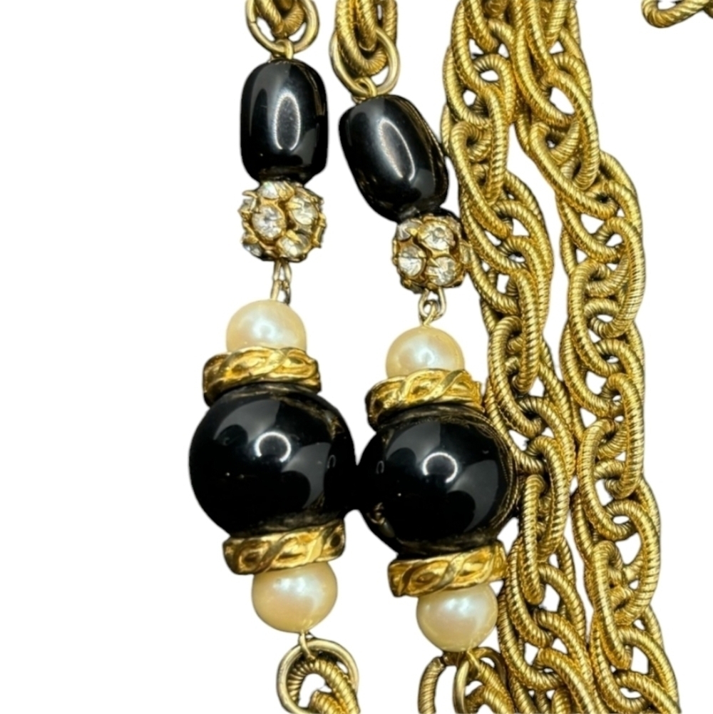 Vintage Gold Tone Faux Pearls Black Balls Rhinestones Chain Necklace - Picture 4 of 7